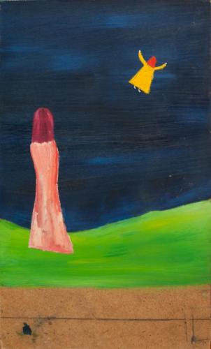 cím nélkül / zöld mezőben rózsaszín nő távolodó sárga angyalt néz