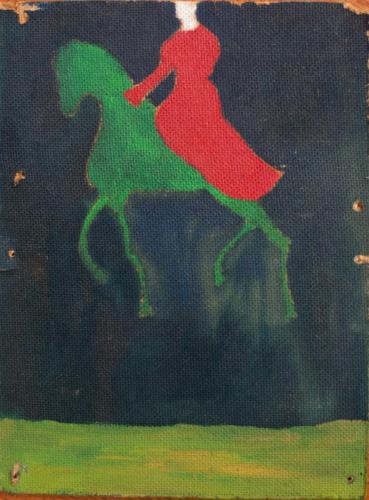 cím nélkül / zöld mező felett zöld nő vörös lovassal